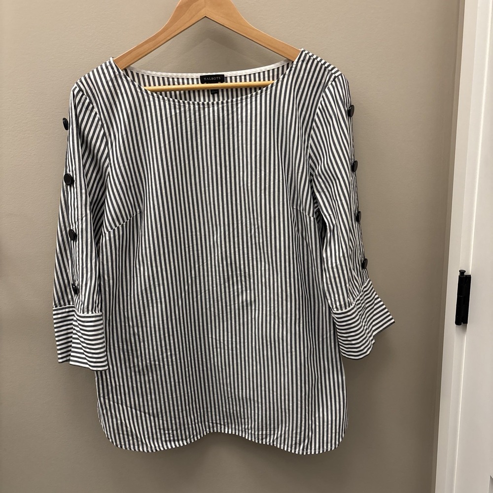Talbots Popover Tunic Women L Blue White NWT Striped Split Neck 3/4 Sleeve Top